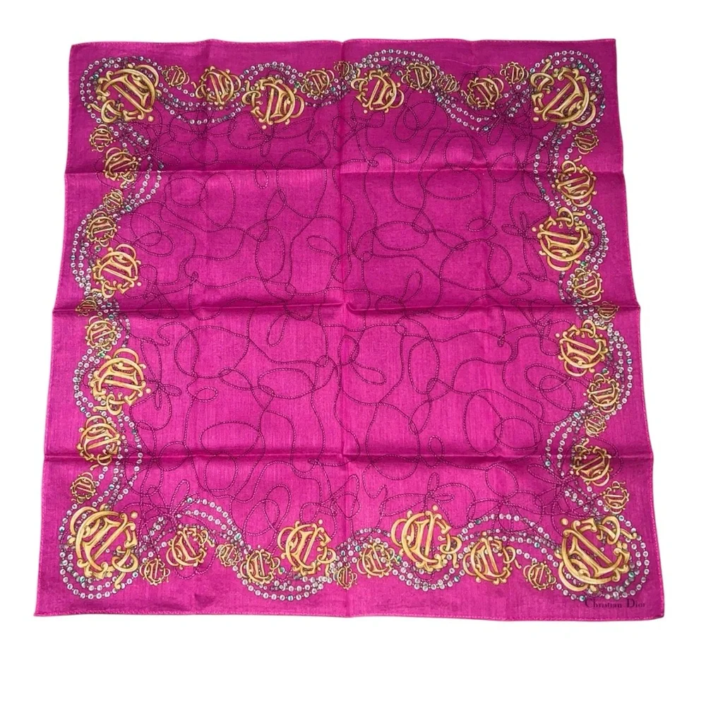 VTG Christian Dior Pink Gold Monogram Logo Pearl Pocket Square Twilly Bag Scarf